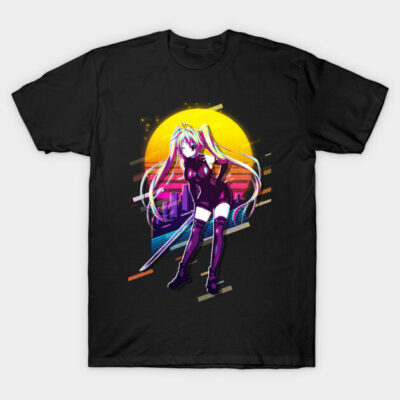 Black T-shirt with colorful anime character design, featuring a sunset backdrop in a vibrant, retro style.