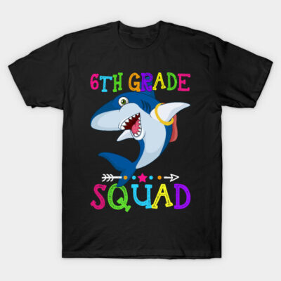 Black T-shirt with colorful "6th Grade Squad" shark graphic, perfect for back-to-school or grade-specific events.