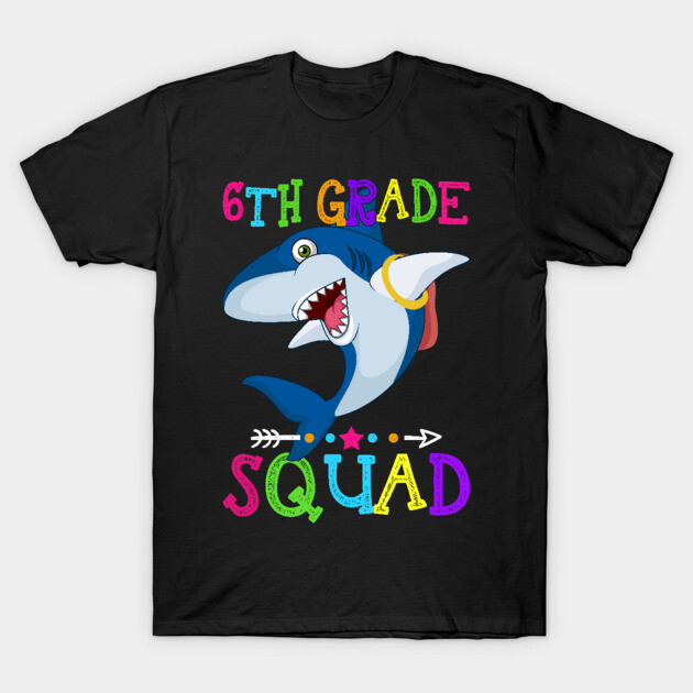 Black T-shirt with colorful "6th Grade Squad" shark graphic, perfect for back-to-school or grade-specific events.