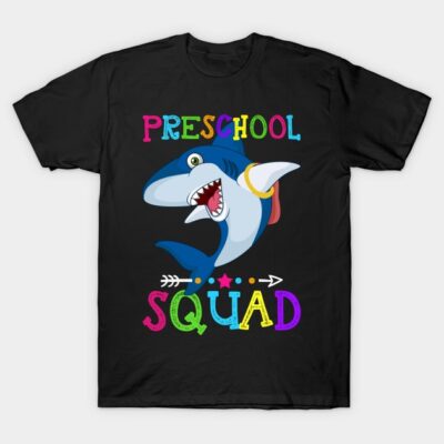 Black t-shirt with colorful "Preschool Squad" text and cartoon shark design, perfect for kids' casual wear.