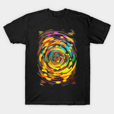 Black T-shirt with vibrant abstract swirl design, colorful artistic pattern, casual wear, cotton fabric.