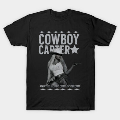 Black "Cowboy Carter" graphic T-shirt, vintage style, featuring western theme. Perfect for casual wear. 100% cotton.