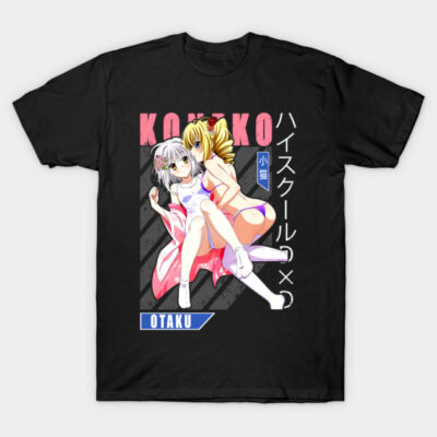 Black anime graphic t-shirt featuring colorful character design, perfect for casual wear and otaku fans.