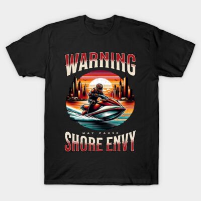Black T-shirt with "Warning Shore Envy" graphic, sunset and jet ski design, casual cotton wear, unisex style.