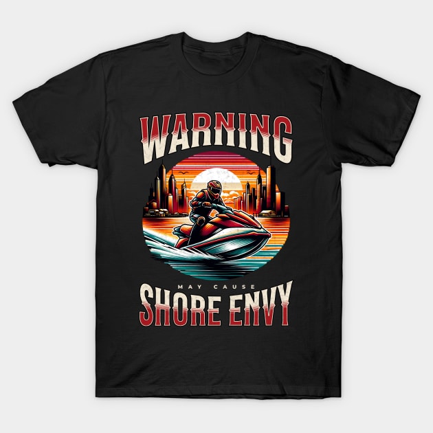 Black T-shirt with "Warning Shore Envy" graphic, sunset and jet ski design, casual cotton wear, unisex style.