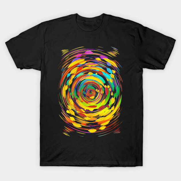 Black T-shirt with vibrant abstract swirl design, colorful artistic pattern, casual wear, cotton fabric.