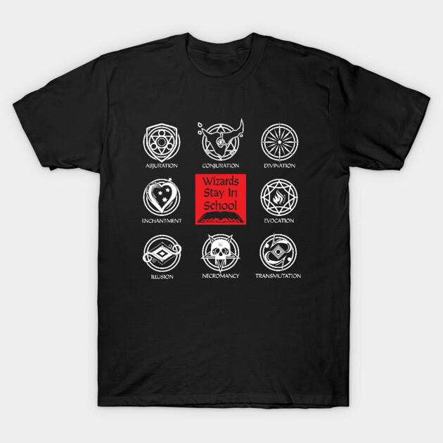 Black T-shirt with magical symbols and "Wizards Stay In School" text, casual wear, cotton material.
