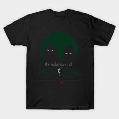 Black cotton t-shirt with "The Adventures of Arrow & Arsenal" graphic, featuring minimalist hooded figures and a red arrow.