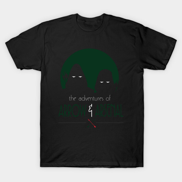 Black cotton t-shirt with "The Adventures of Arrow & Arsenal" graphic, featuring minimalist hooded figures and a red arrow.