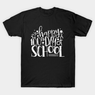 Black "Happy 100th Day of School" t-shirt, casual style, white graphic text and star design, cotton material.