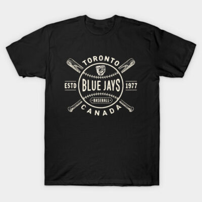 Black Toronto Blue Jays baseball t-shirt with vintage logo design, featuring bats and ball graphic.