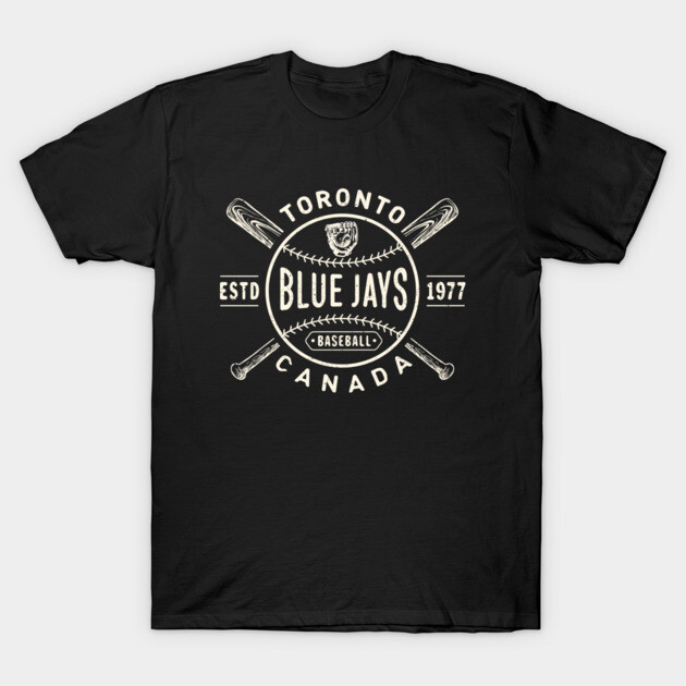 Black Toronto Blue Jays baseball t-shirt with vintage logo design, featuring bats and ball graphic.
