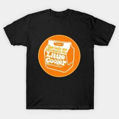 Black cotton t-shirt with orange graphic print, featuring a cooler design and humorous text. Casual wear.