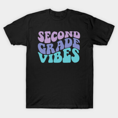 Black cotton T-shirt with "Second Grade Vibes" text in pastel colors, casual style, ideal for school or casual wear.