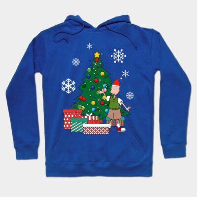 Blue hoodie with festive Christmas tree and snowflake design, featuring colorful ornaments and gift boxes, perfect for winter.