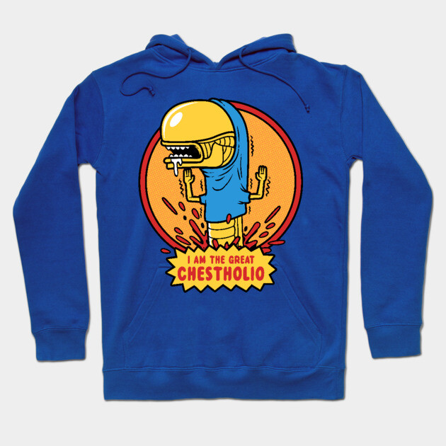 Blue hoodie with bold graphic design and text, ideal for casual wear. Soft cotton material for comfort and style.