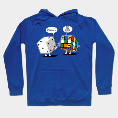 Blue hoodie with dice and Rubik's cube graphic, playful design, cozy cotton material for casual wear.