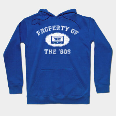 Blue "Property of the '80s" hoodie with cassette print, retro style, cozy cotton blend, perfect for casual wear.