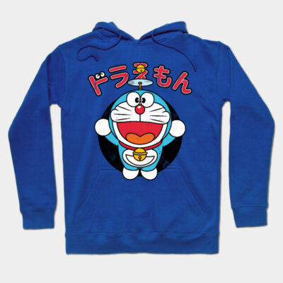 Blue cartoon-themed hoodie with Japanese text, featuring a playful character design, perfect for casual wear.