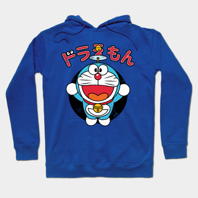 Blue cartoon-themed hoodie with Japanese text, featuring a playful character design, perfect for casual wear.