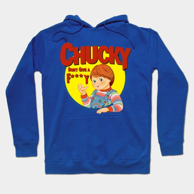 Blue hoodie with playful graphic design, bold text, and colorful illustration. Casual style for everyday wear.