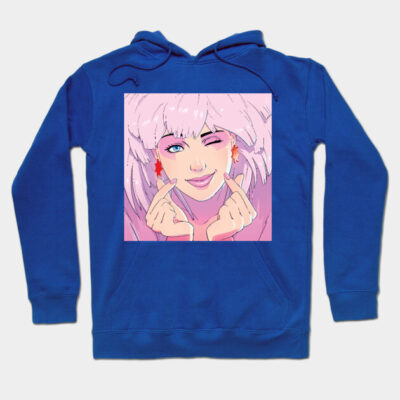 Blue hoodie with anime graphic, featuring a winking character. Comfortable cotton material, perfect for casual wear.