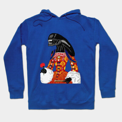 Blue hoodie with colorful graphic design, featuring unique alien art. Perfect for casual wear and style. Cotton material.