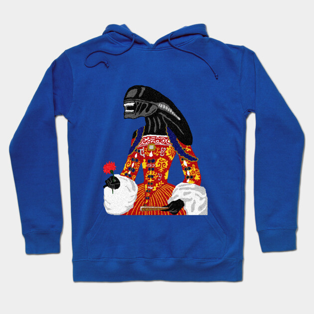 Blue hoodie with colorful graphic design, featuring unique alien art. Perfect for casual wear and style. Cotton material.
