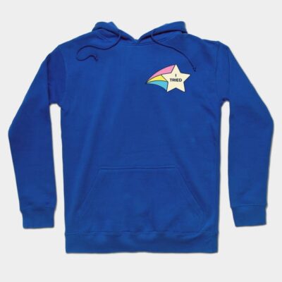 Blue hoodie with colorful star graphic and "I Tried" text, featuring a front pocket and drawstring hood.