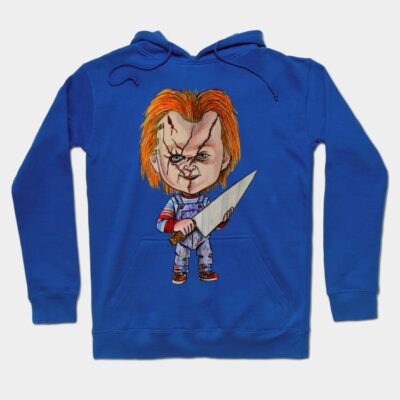 Blue hoodie with cartoon character graphic holding knife, casual style, comfortable cotton material for everyday wear.