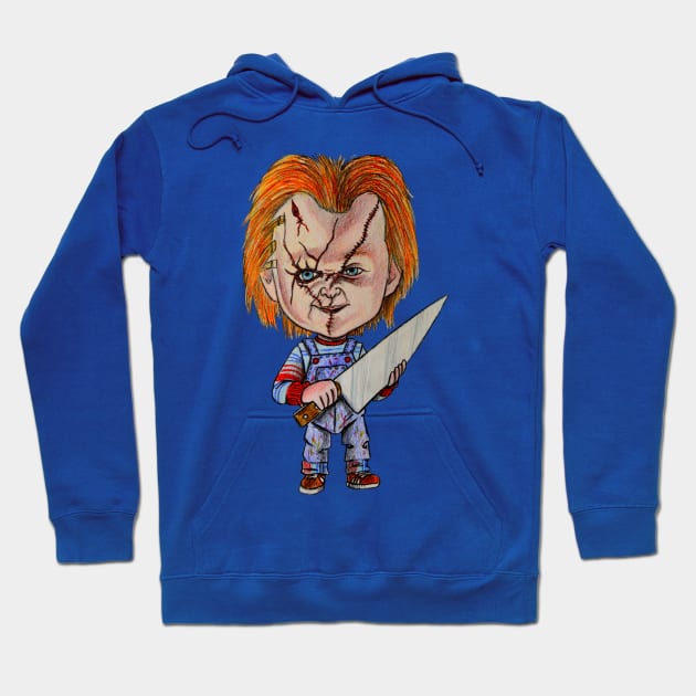 Blue hoodie with cartoon character graphic holding knife, casual style, comfortable cotton material for everyday wear.
