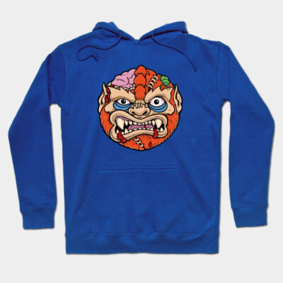 Blue hoodie with colorful graphic design, featuring a bold, artistic face. Perfect for casual wear and comfort.