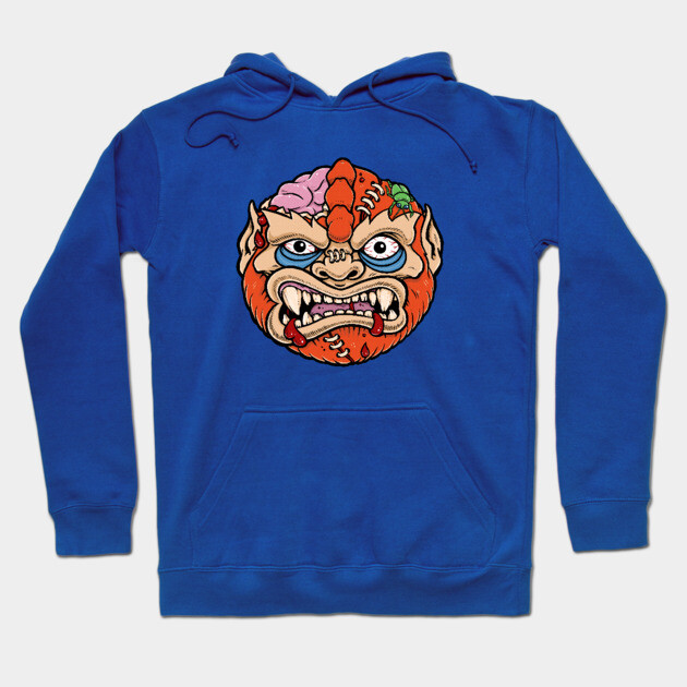 Blue hoodie with colorful graphic design, featuring a bold, artistic face. Perfect for casual wear and comfort.