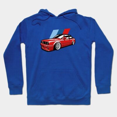 Blue hoodie with red sports car graphic, featuring drawstrings and front pocket, ideal for casual wear.