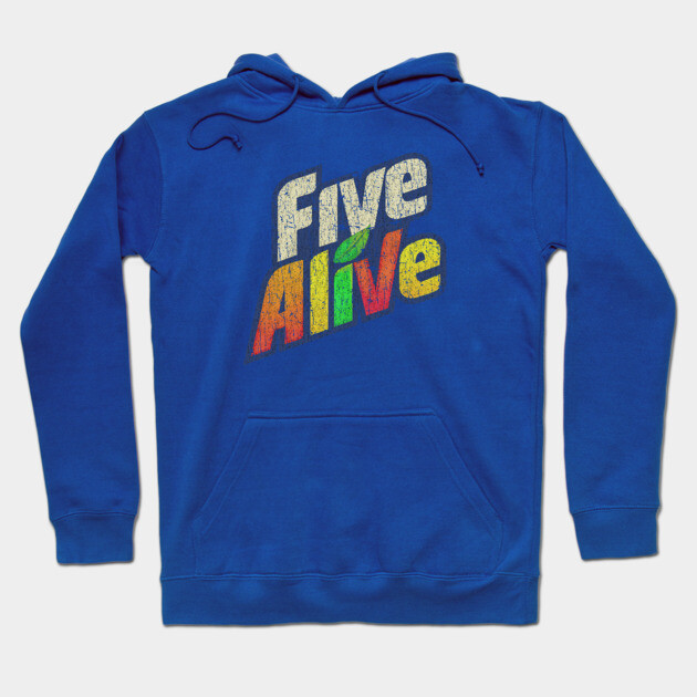 Blue hoodie with colorful "Five Alive" text, casual style, perfect for everyday wear. Comfortable cotton material.