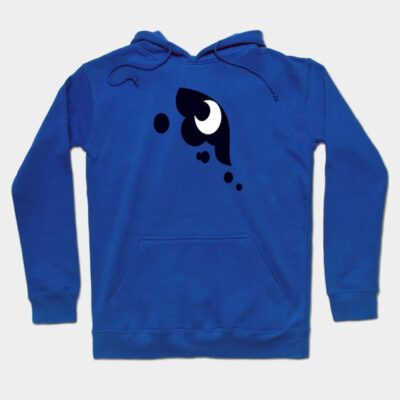 Blue cotton hoodie with abstract eye print, drawstring hood, and front pocket, ideal for casual wear and comfort.