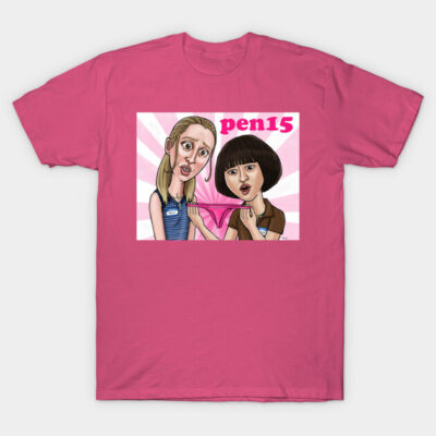 Pink cotton graphic t-shirt with colorful cartoon design, casual unisex style for everyday wear.