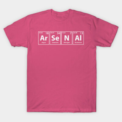 Pink cotton t-shirt with periodic table design spelling "Arsenal," casual style, suitable for everyday wear.