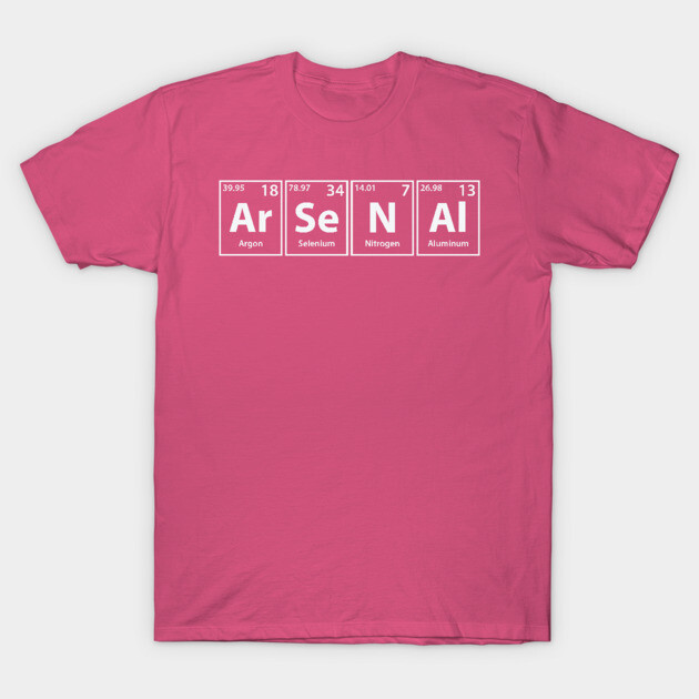 Pink cotton t-shirt with periodic table design spelling "Arsenal," casual style, suitable for everyday wear.