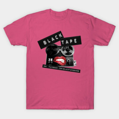 Pink graphic t-shirt with retro tape design, bold black and red print. Cotton material, casual style.