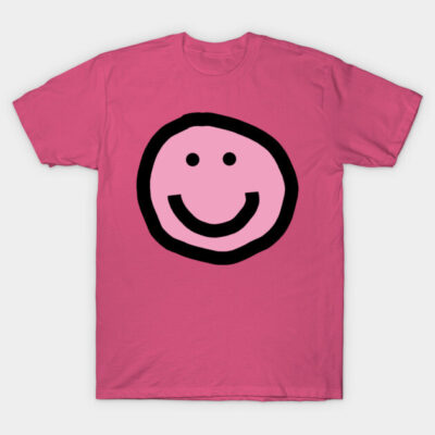 Pink cotton t-shirt with black smiley face graphic, casual style, unisex design, perfect for everyday wear.