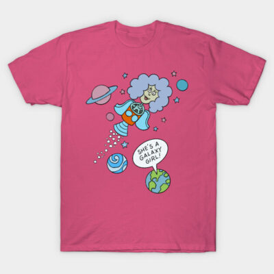 Pink T-shirt with colorful cartoon space design, featuring a galaxy theme, perfect for casual wear.