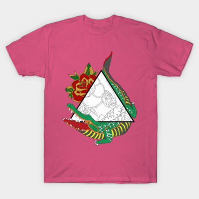 Pink t-shirt with colorful crocodile and flower design, casual cotton wear, unique graphic style for everyday use.