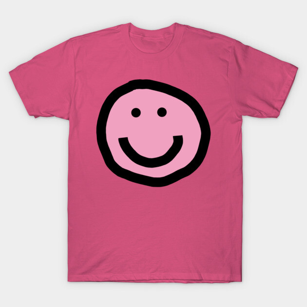 Pink cotton t-shirt with black smiley face graphic, casual style, unisex design, perfect for everyday wear.
