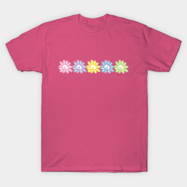 Pink cotton t-shirt with colorful daisy print design, casual style, perfect for everyday wear.