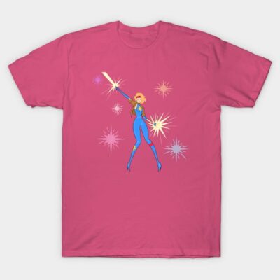Pink graphic t-shirt with superhero design, vibrant starburst pattern, casual style, 100% cotton, unisex.
