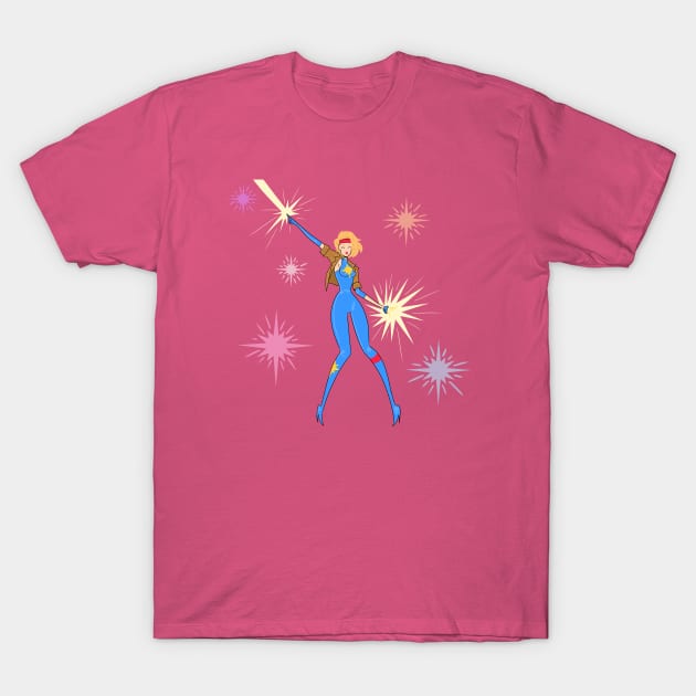 Pink graphic t-shirt with superhero design, vibrant starburst pattern, casual style, 100% cotton, unisex.