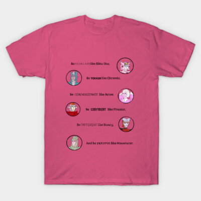 Pink graphic t-shirt featuring motivational character designs and text, casual style, ideal for everyday wear.