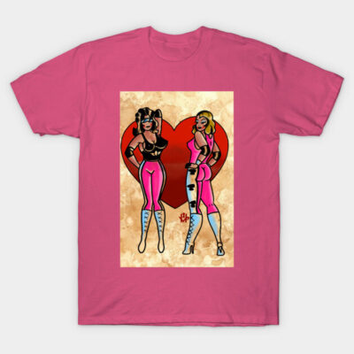 Pink graphic t-shirt featuring bold heart design and vibrant artwork, perfect for casual wear. Cotton material.