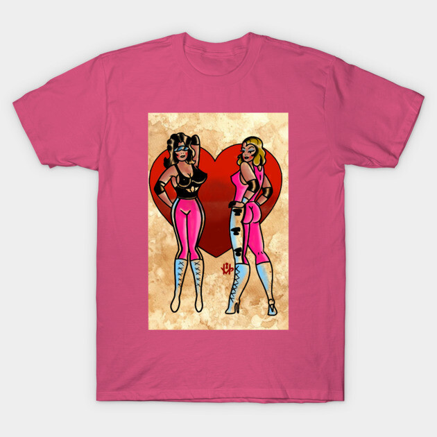 Pink graphic t-shirt featuring bold heart design and vibrant artwork, perfect for casual wear. Cotton material.